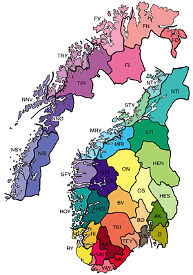 Norgeskart med Strands regioner